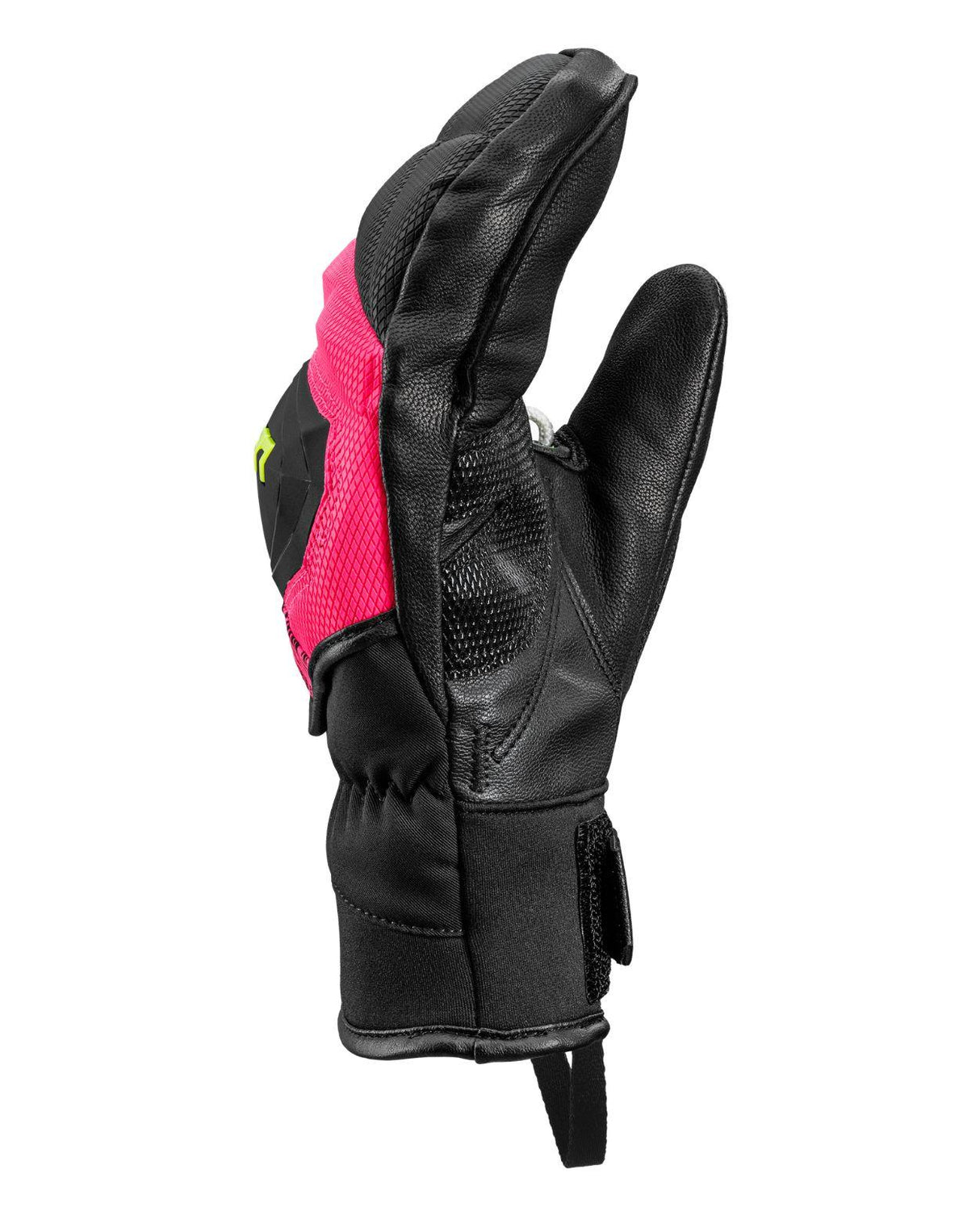 Leki WCR Pro TR Mitt Junior i neonrosa och svart, en teknisk racingvante med Trigger-loop för alpina tävlingsåkare.
