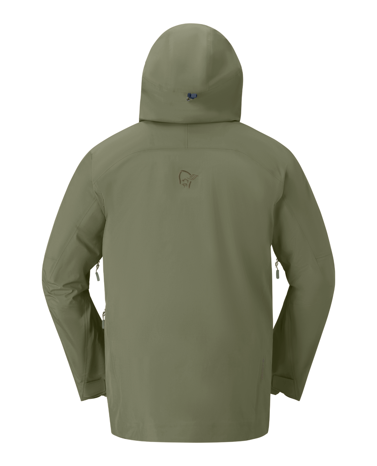 Norrøna Møre Gore-Tex Jacket Men i färggrön Deep Lichen Green bakifrån, en teknisk skidjacka för herrar från Alpingaraget.