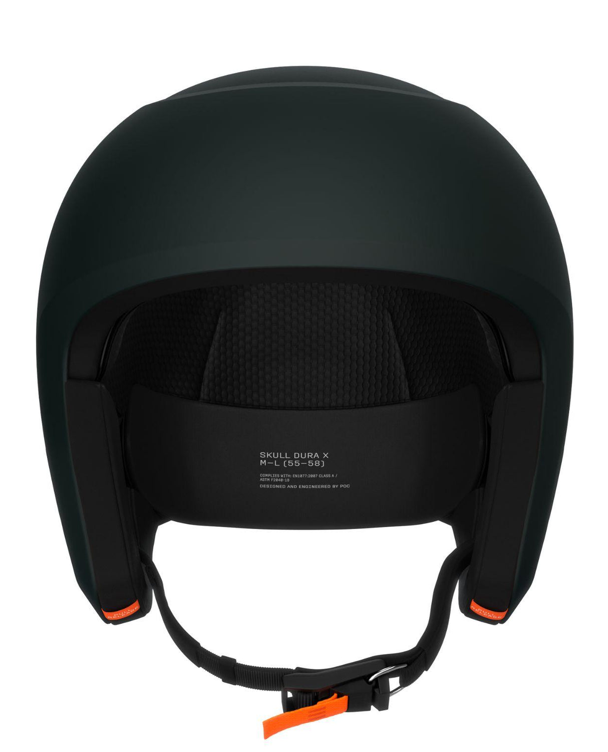 POC Skull Dura X Mips – matt grön alpin hjälm bakifrån som visar justering och hakrem.