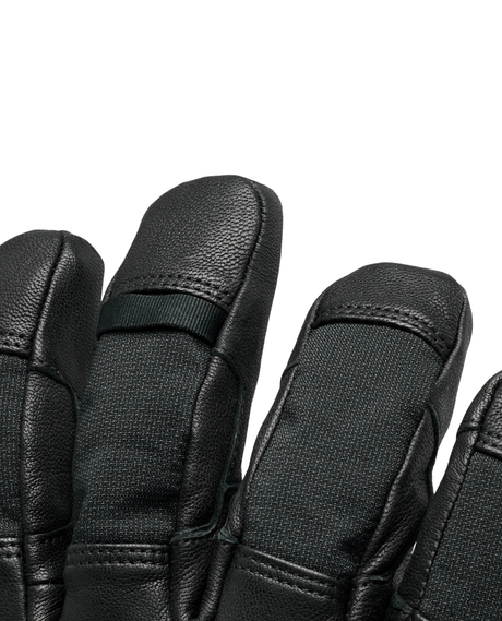 Black Diamond Patrol Gloves i svart läder som visar närbild på fingrar och sömmar för skidåkning.