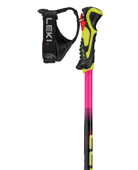 Leki WCR Evo Lite SL TR juniorstav med ergonomiskt grepp och Trigger-system i neonrosa och neongult för alpina tävlingsåkare.