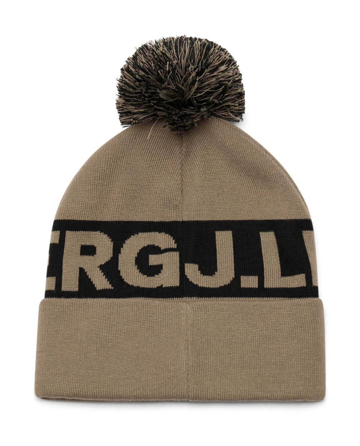 J.Lindeberg Tilo Beanie i brun färg med stor tofs och svart rand med logga.