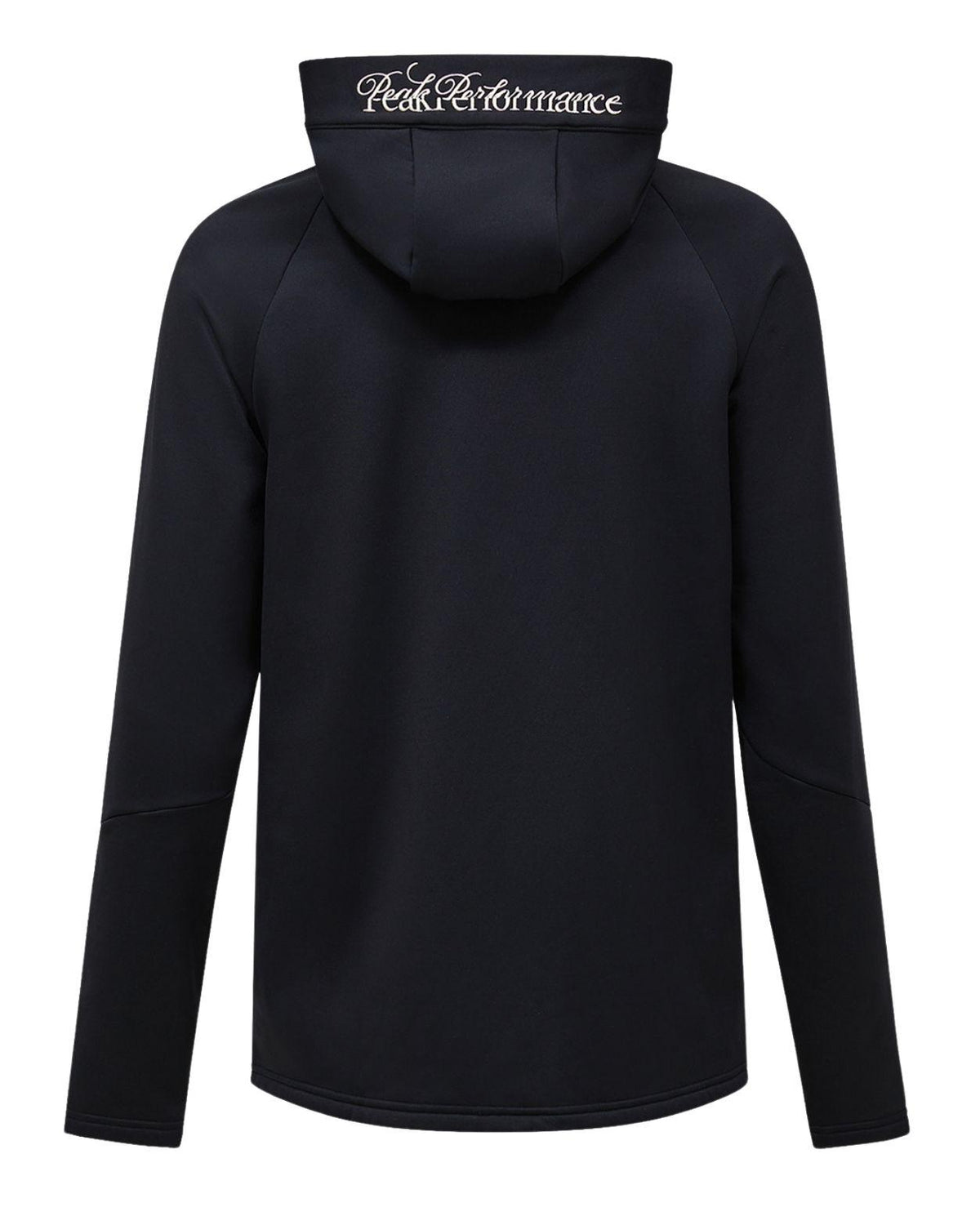 Peak Performance 40Y Rider Zip Hood Men i svart, visad bakifrån med huva och logotyp.