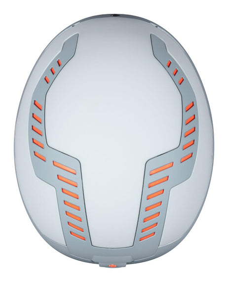 Sweet Protection Switcher 2Vi Mips skidhjälm i Platinum Grey sedd uppifrån med orangea ventilationshål.