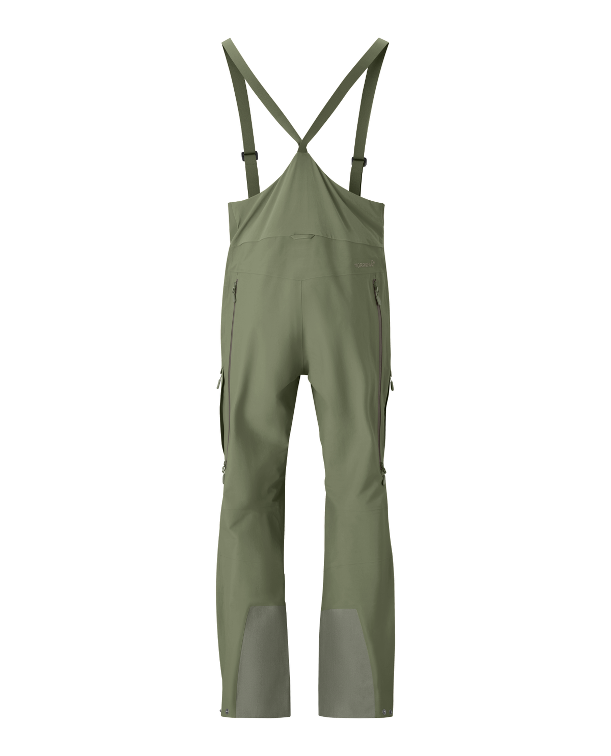 Norrøna Møre Gore-Tex Salopette för herrar i färgen Deep Lichen Green visas bakifrån.
