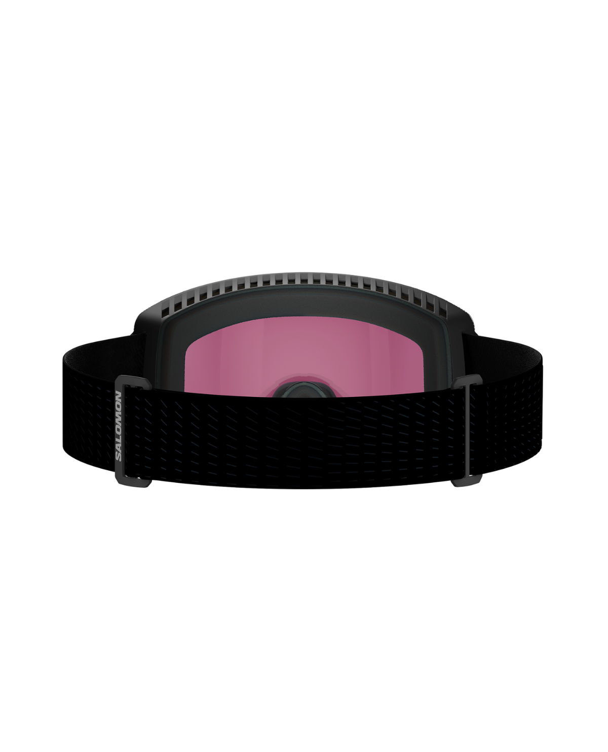 Salomon Skarn Prime Sigma skidglasögon i svart med rosa lins sett bakifrån mot vit bakgrund.