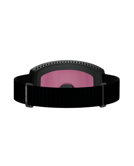 Salomon Skarn Prime Sigma skidglasögon i svart med rosa lins sett bakifrån mot vit bakgrund.