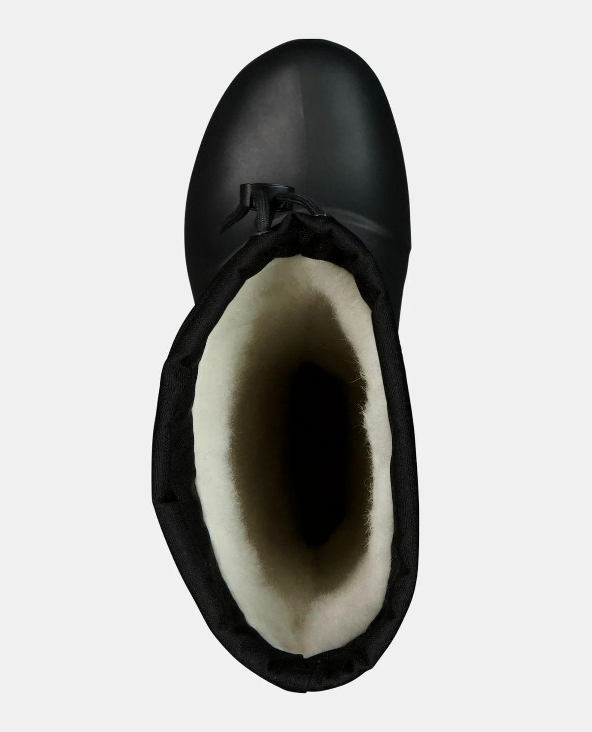 Ovanifrån vy av den svarta vinterstöveln FUBUKI Niseko 3.0 med synligt ljust foder inuti skaftet och snölås med dragsko.