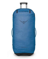 Osprey Transporter Wheeled Duffel 120L i blått material med utdragbart handtag och robusta hjul.