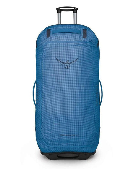 Osprey Transporter Wheeled Duffel 120L i blått material med utdragbart handtag och robusta hjul.