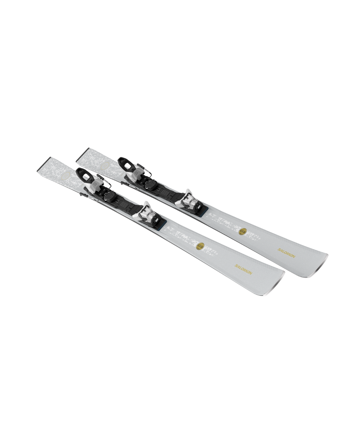 Salomon S/Max N°10 + M10 GW dam-pistskidor i silver med tillhörande bindningar för carvingskidåkning.