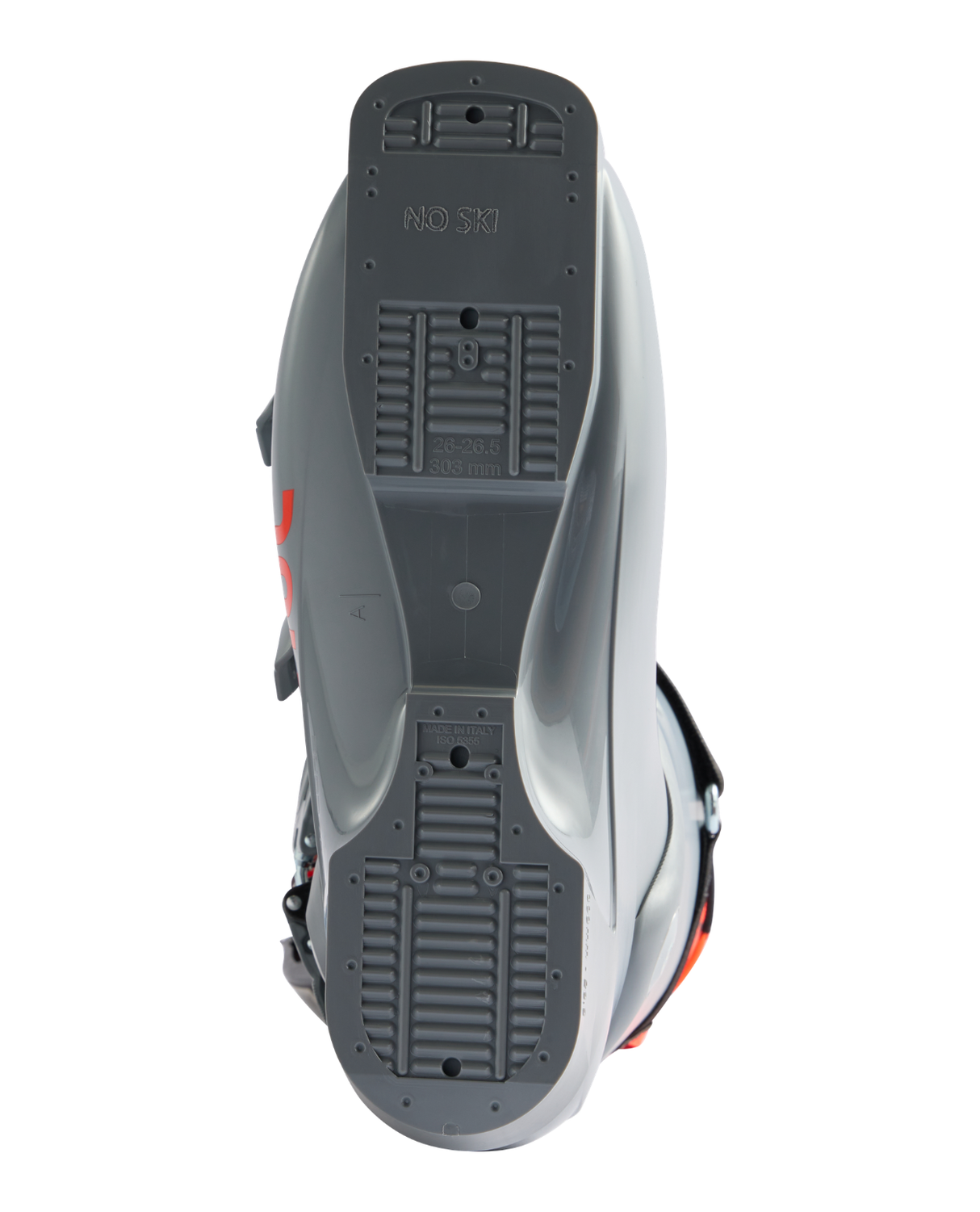 Undersidan av alpina pjäxan Rossignol Hero World Cup 110 SC som visar sulan och ISO 5355-detaljer.
