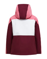 Peak Performance Gravity Insulated Jacket Junior i rosa, vitt och mörkrött bakifrån som visar huva och ryggparti.