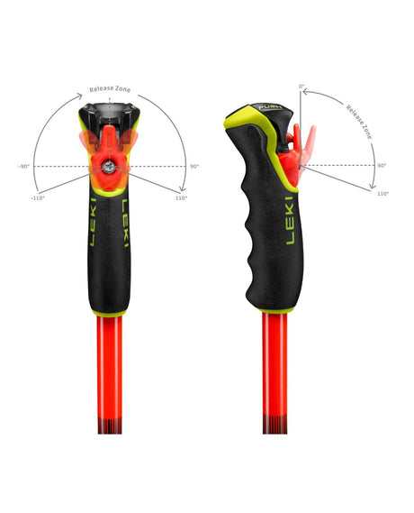 Trigger 3D-handtag på Leki WCR Evo Lite GS TR med illustration av det förbättrade utlösningsspannet för racing.