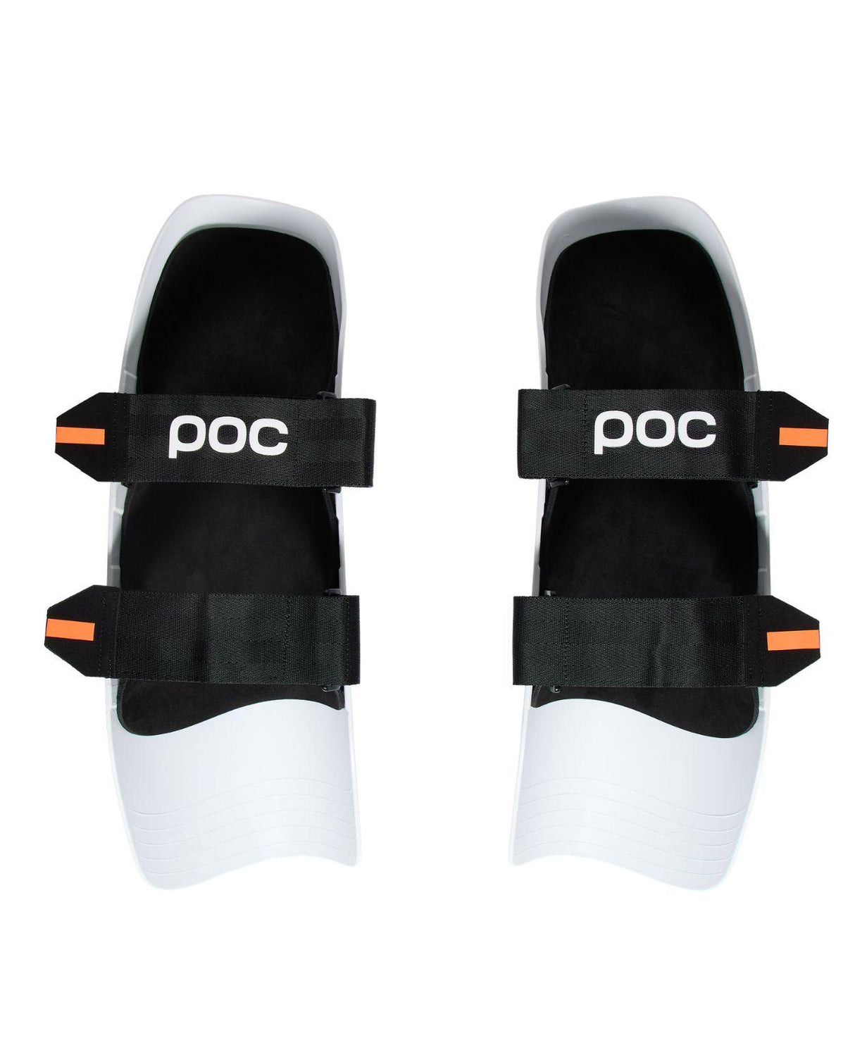 POC Shins Race benskydd i vitt utförande med svarta remmar för alpin skidåkning.