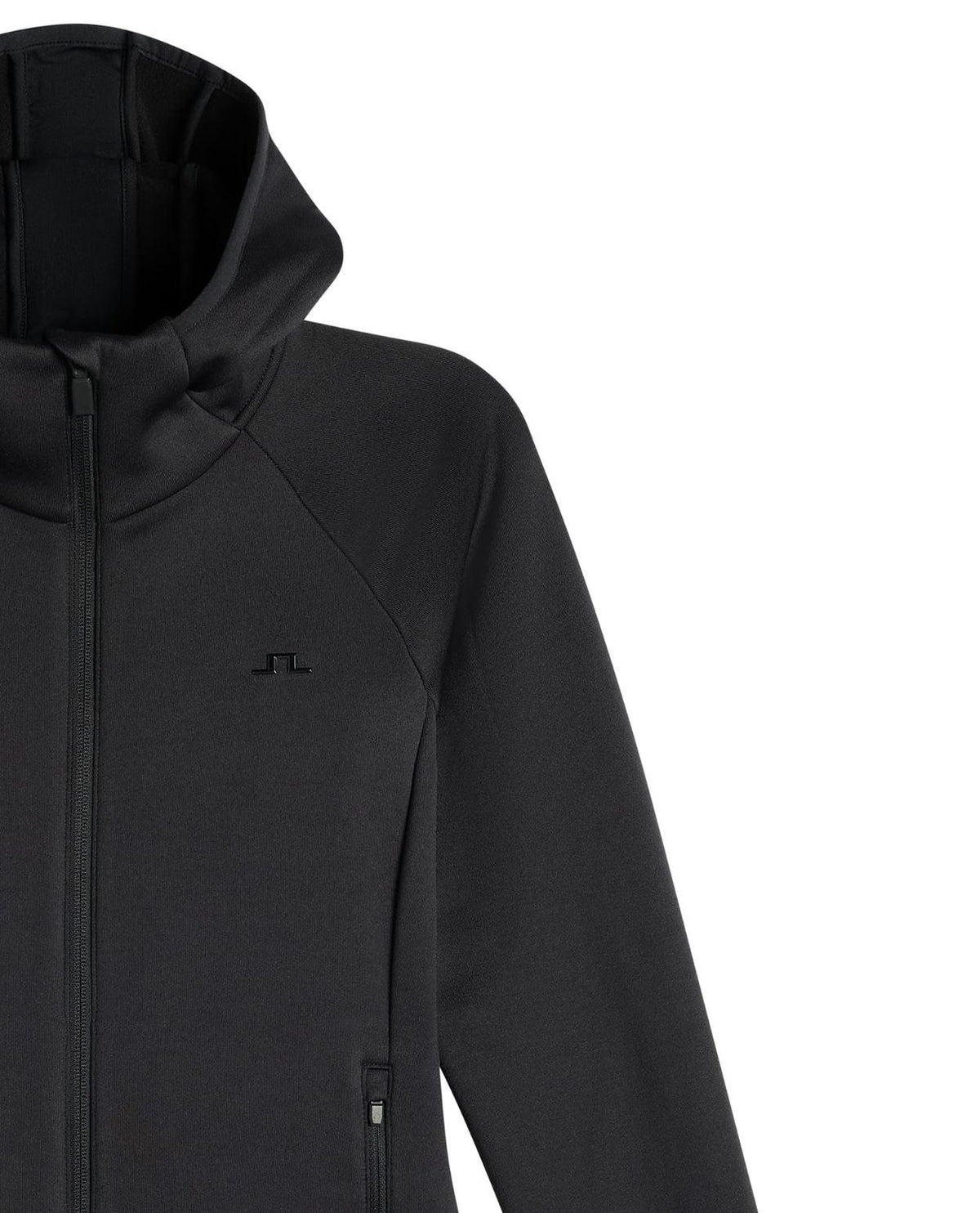 J.Lindeberg Portia Polartec Hood - Svart dammellanlager, närbild på huva, dragkedja och bröstlogo.