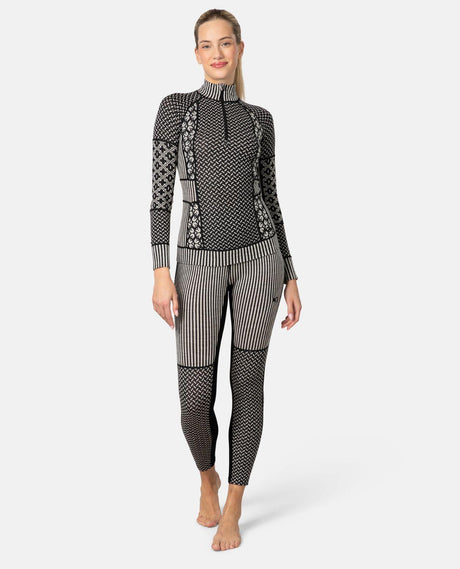 Kari Traa Smekker High Waist Pants - Svart underställsbyxa i merinoull med mönstrade paneler.