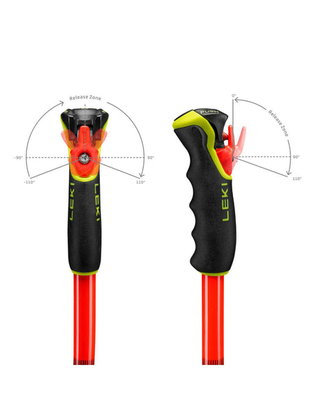 Leki WCR SG/DH TR racingstav med Trigger 3D-systemets exakta utlösningsvinklar för maximal säkerhet.