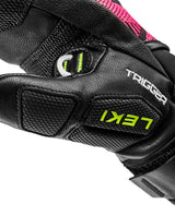 Leki WCR Pro TR Mitt Junior i svart läder med integrerat Trigger-system och neonrosa detaljer för juniorracing.