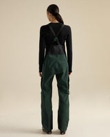 Arc'teryx Rush Bib Pant Women i färgen dark jade ses bakifrån, visande hängslen och hållbart GORE-TEX-material.
