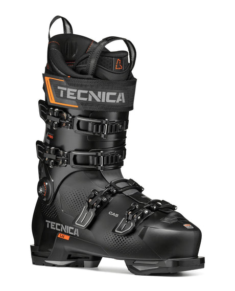 Tecnica Mach1 LV 120 TD2 alpinpjäxa i svart och orange färg från sidovyn.