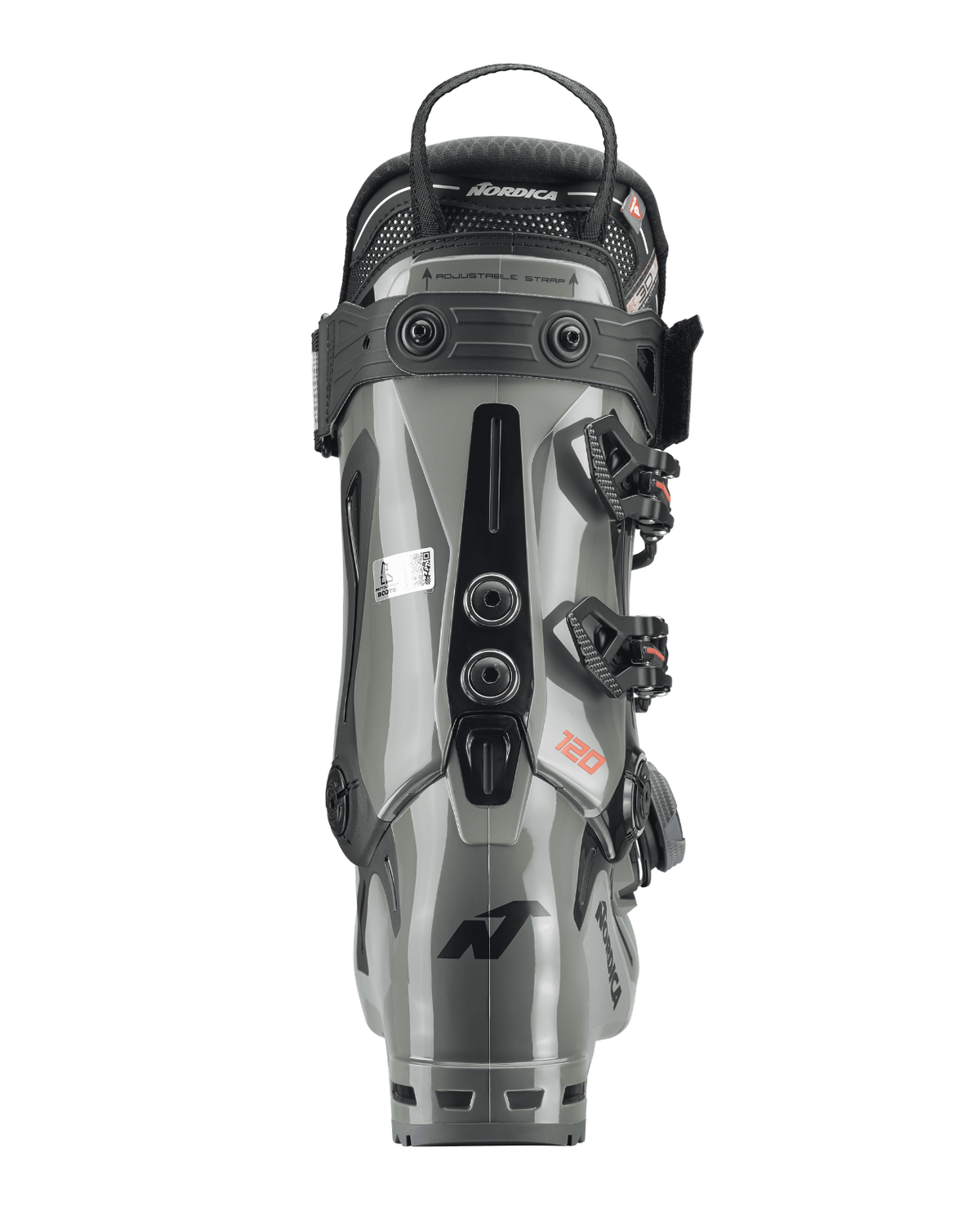 Nordica Speedmachine 3 BOA 120 GW grå alpinpjäxa sedbakifrån visande manschett och spännen.