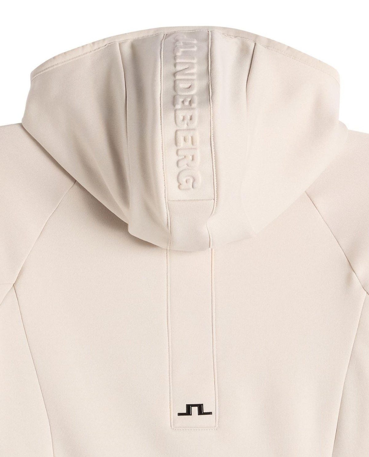 J.Lindeberg Portia Polartec Hood dam i färg moonbeam beige, visad bakifrån med huva och logotyp.