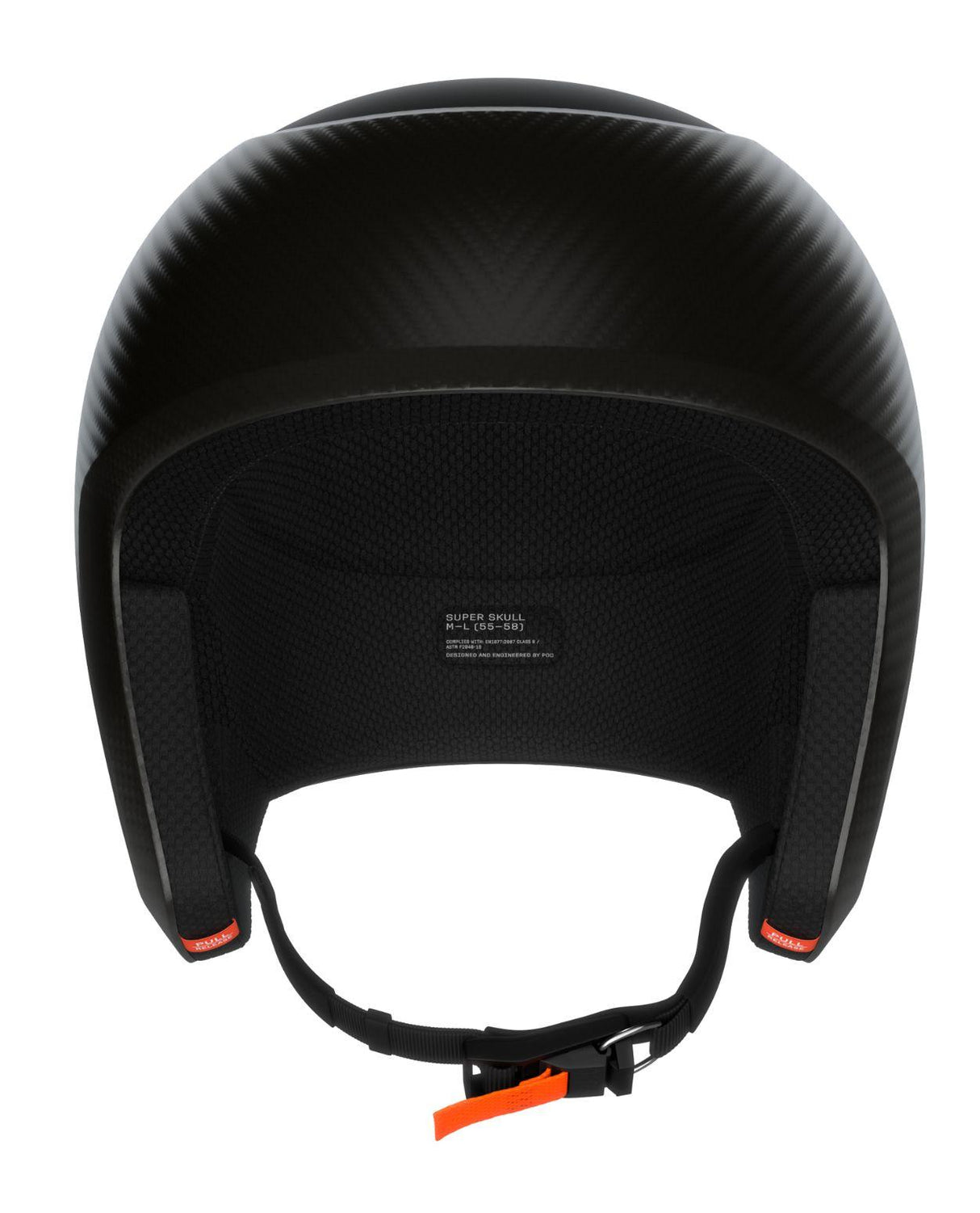 POC Super Skull kolfiberhjälm i färgen Carbon/Uranium Black sedd underifrån med remmar.