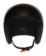POC Super Skull kolfiberhjälm i färgen Carbon/Uranium Black sedd underifrån med remmar.