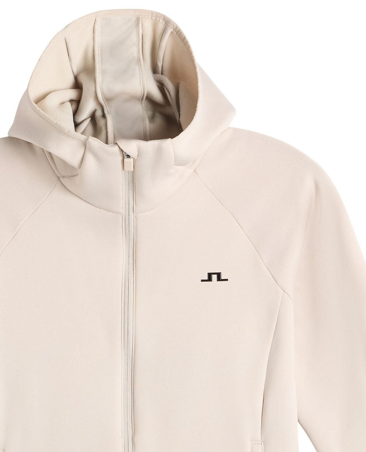 Närbild på huva och bröstparti av J.Lindeberg Portia Polartec Hood dam i beige färg.
