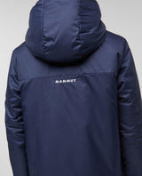 Mammut Waymarker IN Reversible Hooded Jacket Junior bakifrån i mörkblå design med huva och logotyp.