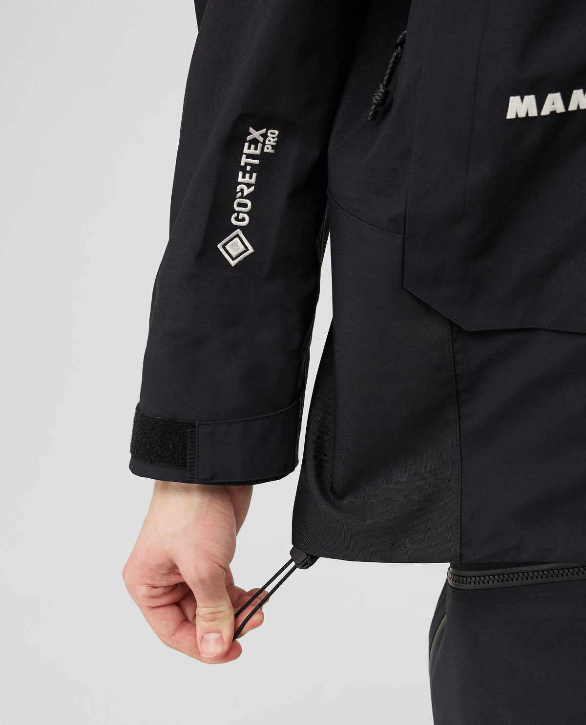 Mammut Eiger Free Pro HS Hooded Jacket i svart med Gore-Tex Pro-detalj på ärmen.